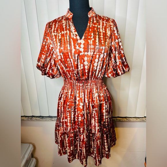 THML Cinnamon Craze Rust Puff Sleeve Mini Tiered Dress Size Medium - Picture 4 of 12